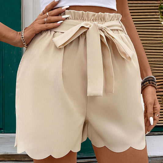Lace-up Scalloped Solid Color Shorts