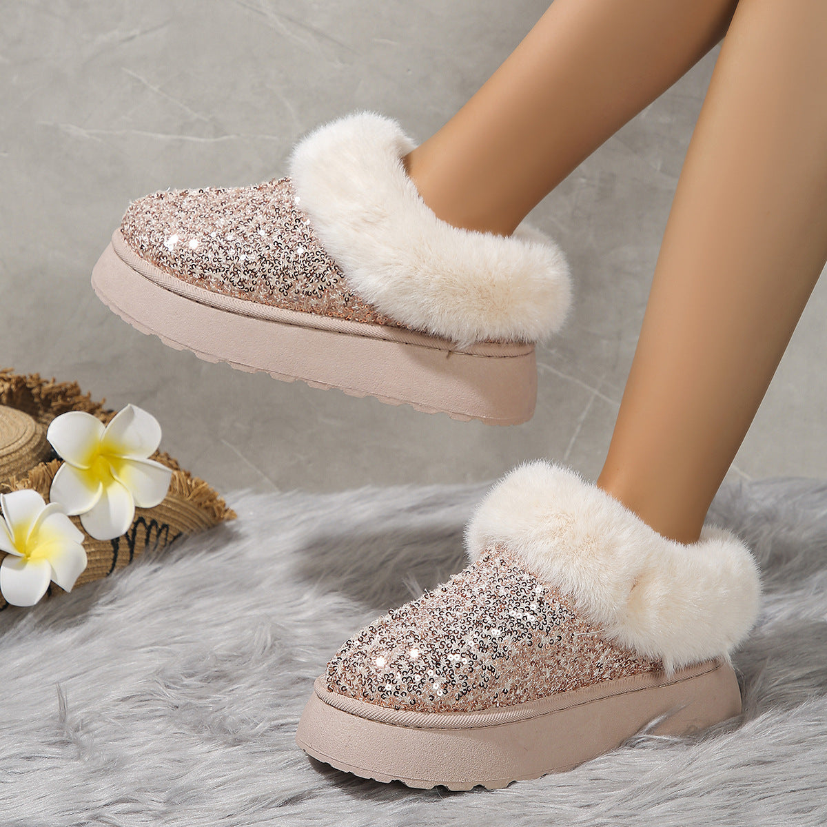 Sequined Thick-Soled Plush Slippers