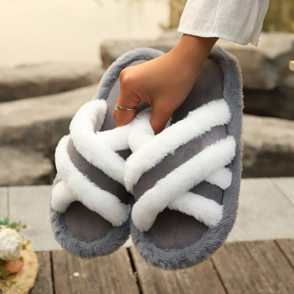 Cross Strap Fluffy Platform Slippers