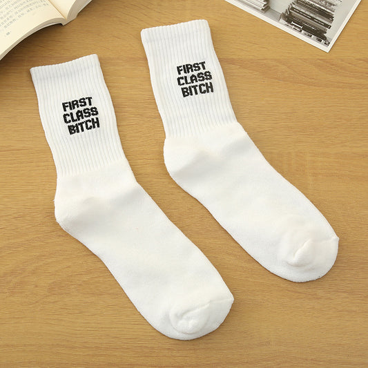 English Letter White Calf Socks