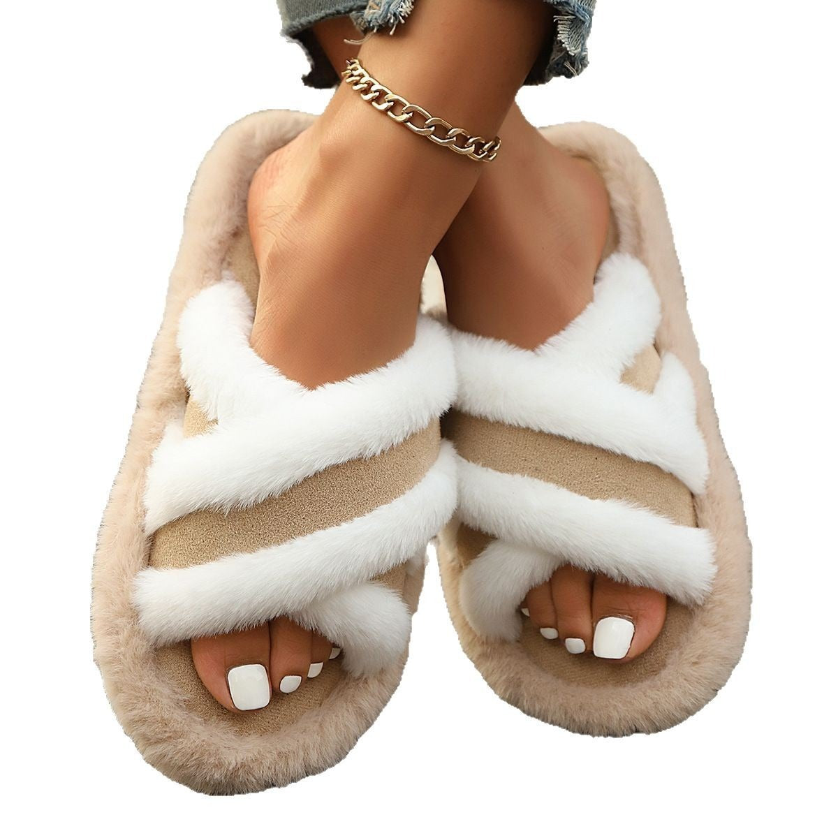 Cross Strap Fluffy Platform Slippers