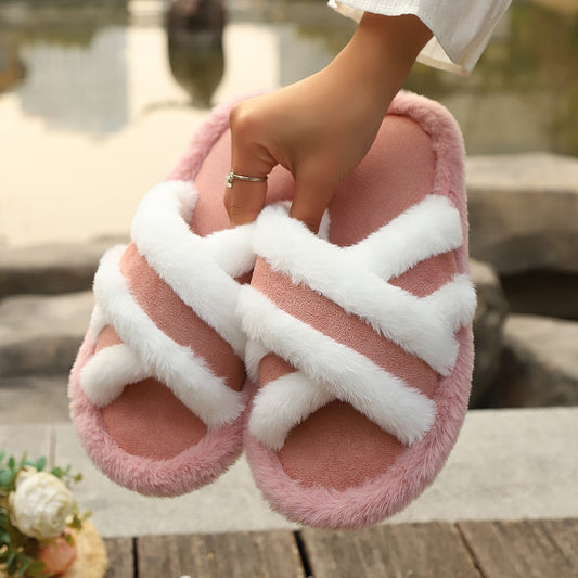 Cross Strap Fluffy Platform Slippers