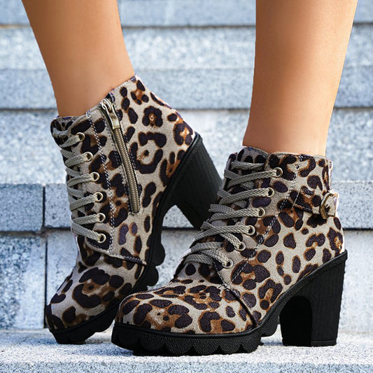 Leopard Print Lace-Up Ankle Boots