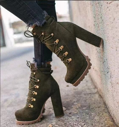 Lace-Up Mid-Calf Heeled Boots