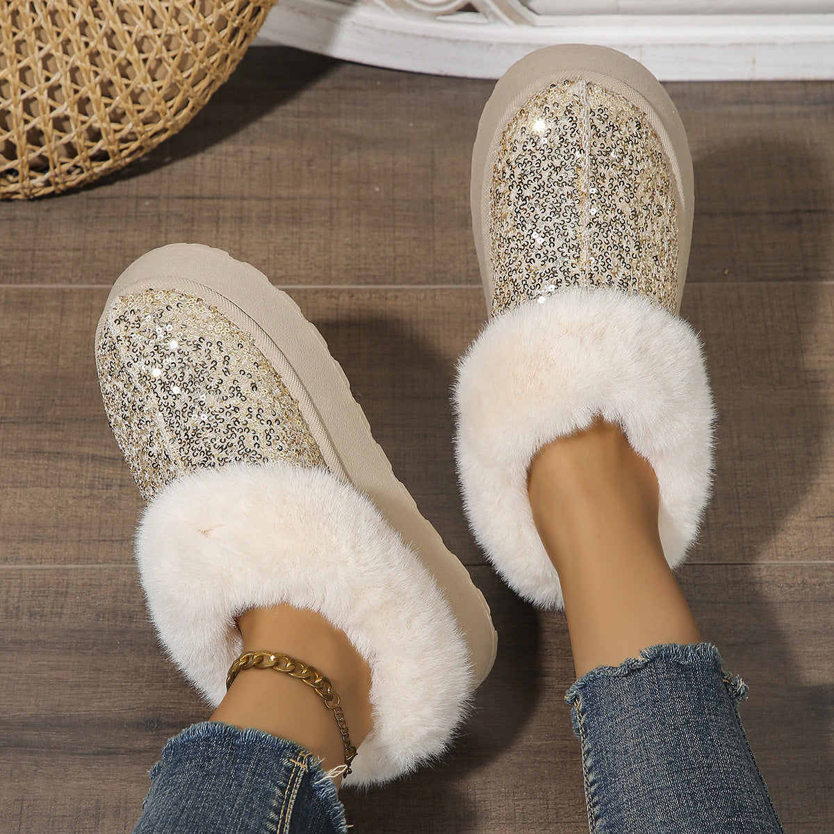 Sequined Thick-Soled Plush Slippers