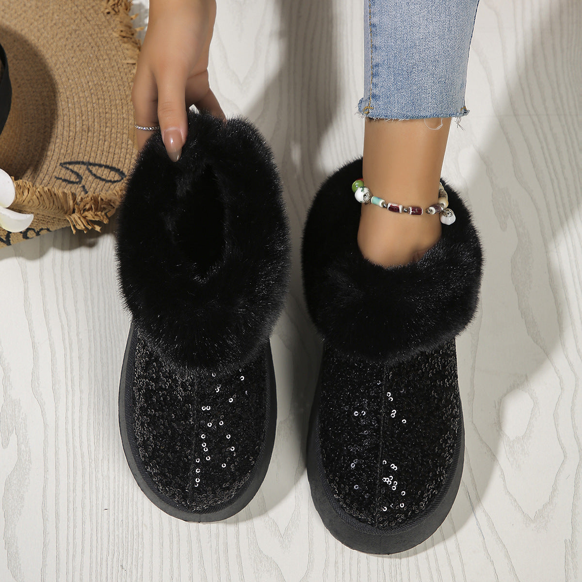 Sequined Thick-Soled Plush Slippers