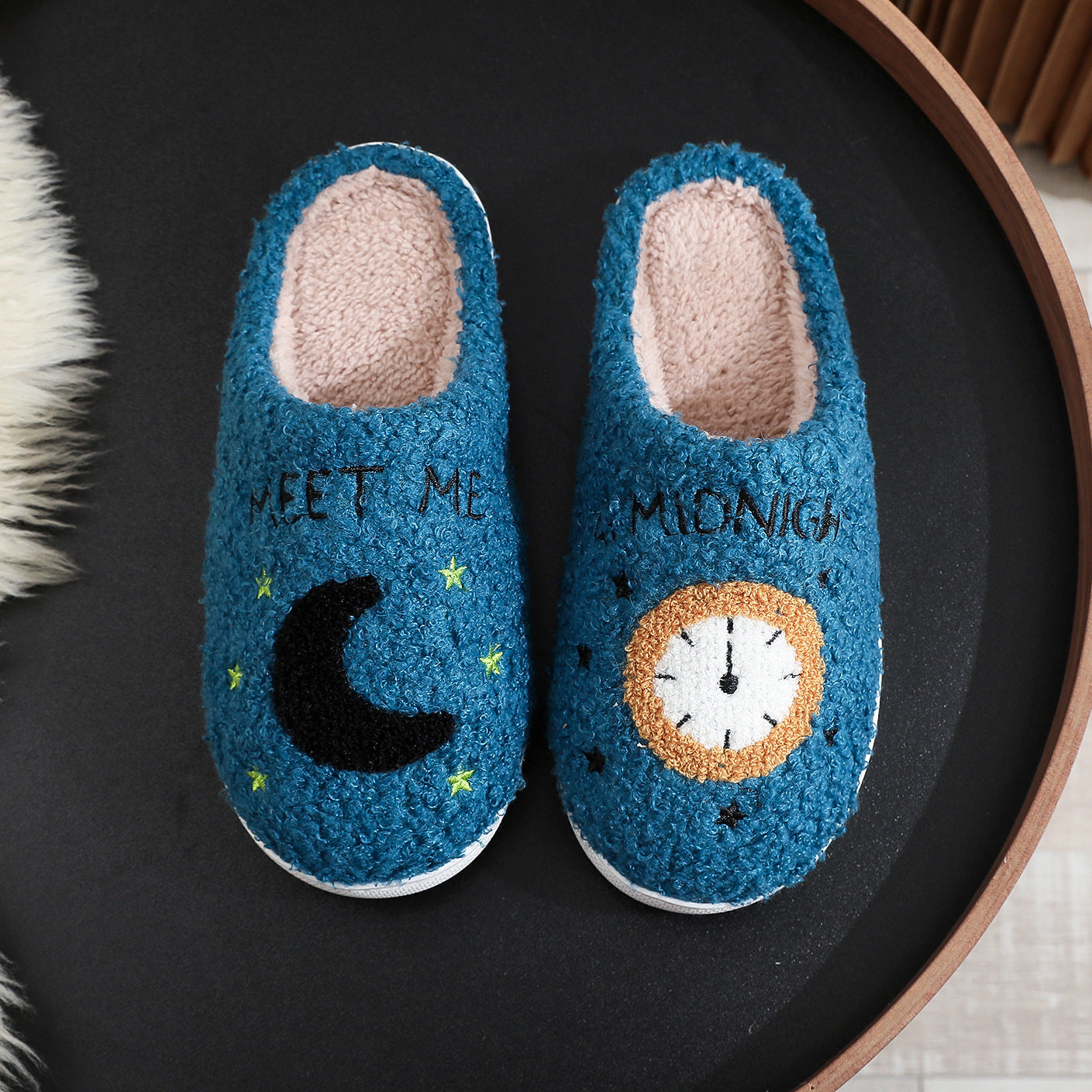 Moon & Clock Print Slippers