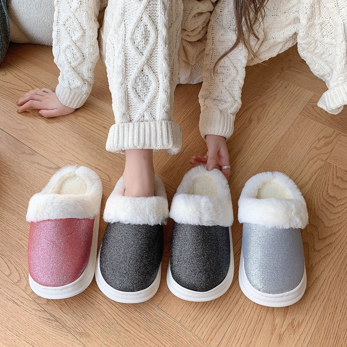 Sequined Plush Winter Slippers