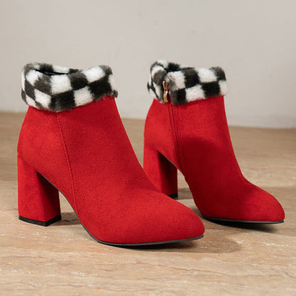 Plaid Print Plush Ankle Boots