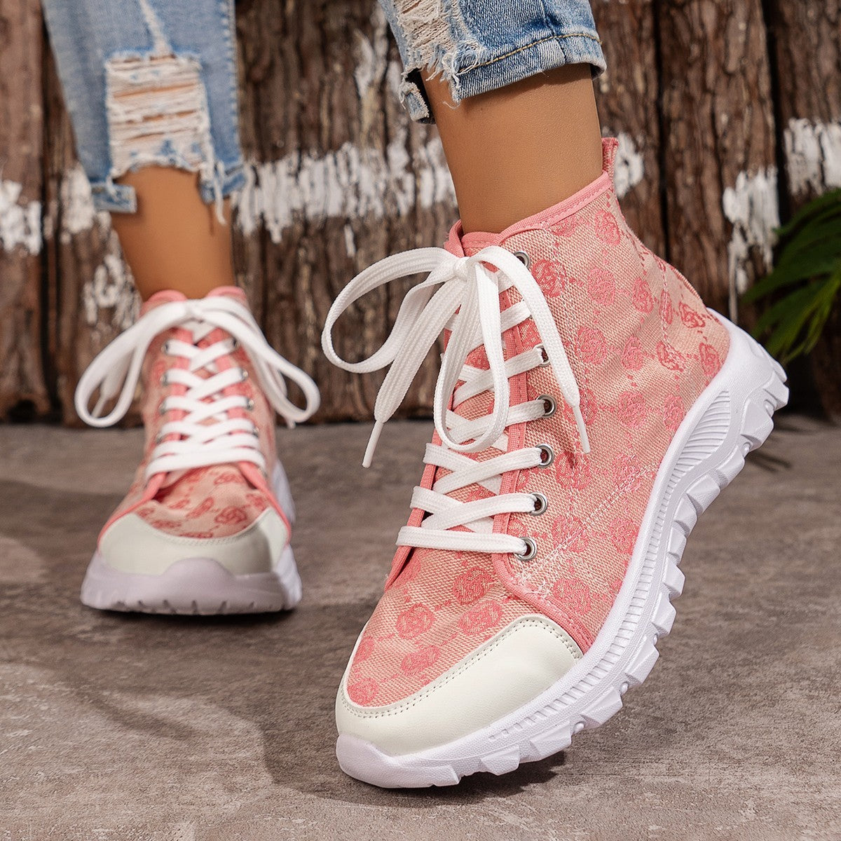 Rose-Printed Lace-Up Boots